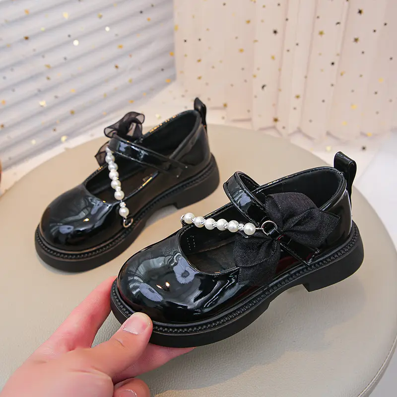 Girls Princess Leather Shoes New Wine Red Versatile Children's Flats for Wedding Party Fashion Lace Bowknot Kids Mary Jane Shoes