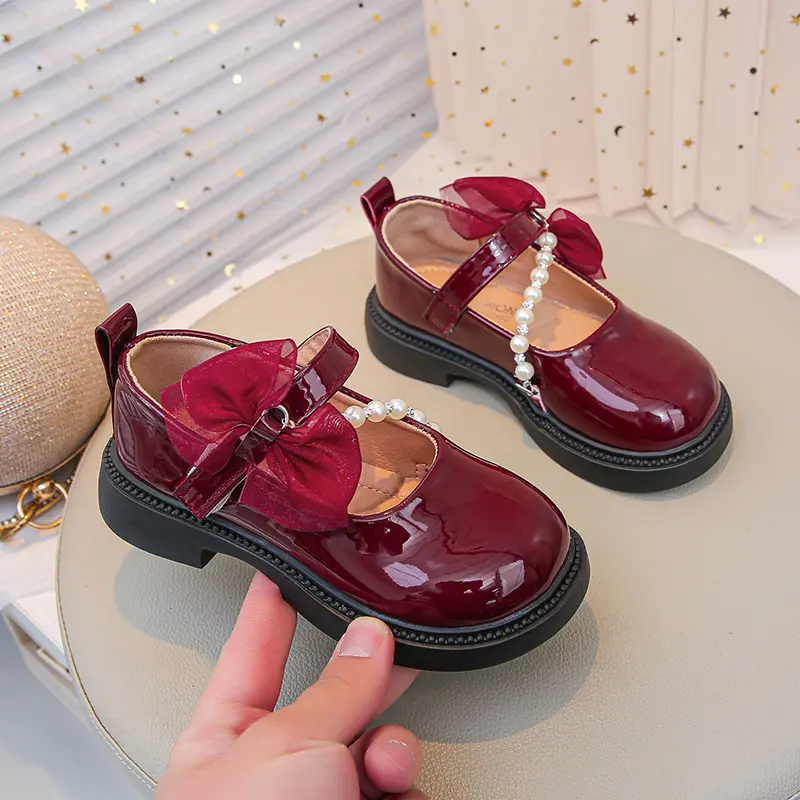 Girls Princess Leather Shoes New Wine Red Versatile Children's Flats for Wedding Party Fashion Lace Bowknot Kids Mary Jane Shoes