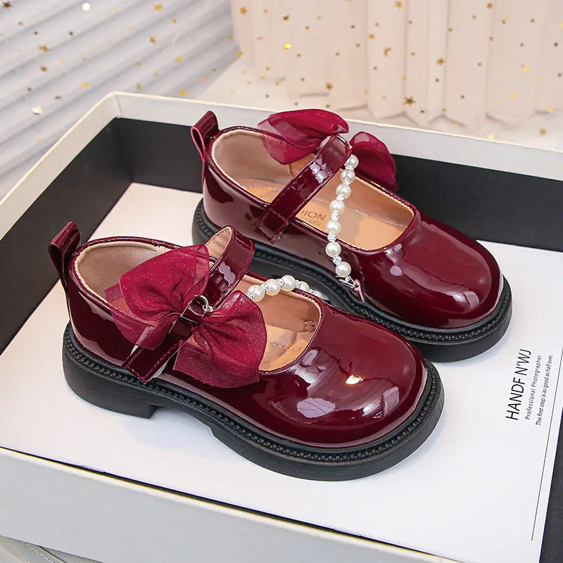 Girls Princess Leather Shoes New Wine Red Versatile Children's Flats for Wedding Party Fashion Lace Bowknot Kids Mary Jane Shoes