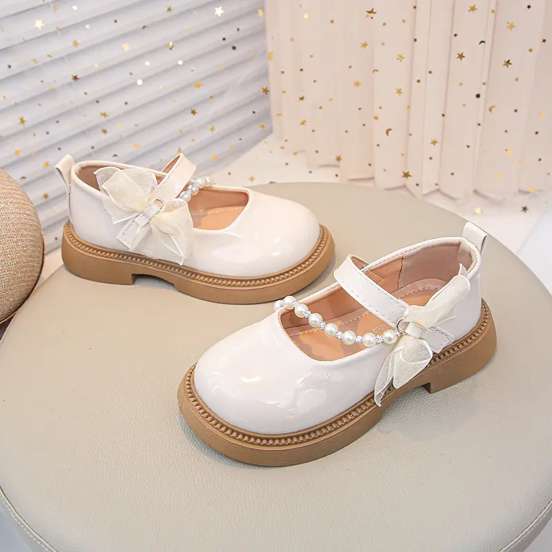Girls Princess Leather Shoes New Wine Red Versatile Children's Flats for Wedding Party Fashion Lace Bowknot Kids Mary Jane Shoes