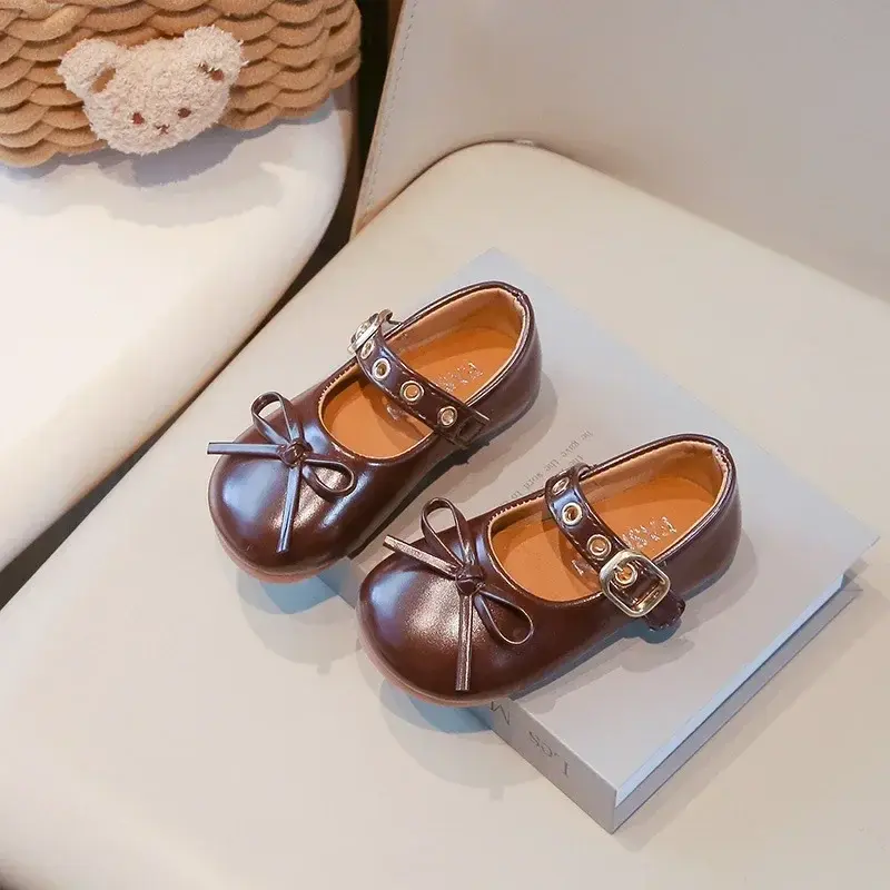 Kids Flat Shoes Black Soild Color 2025 New Girls Dance Performance Shoes Non-slip Soft Sole Children Leather Shoes Sweet Retro