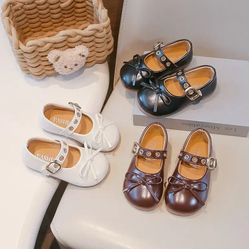 Kids Flat Shoes Black Soild Color 2025 New Girls Dance Performance Shoes Non-slip Soft Sole Children Leather Shoes Sweet Retro