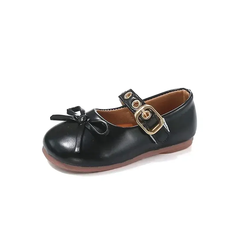 Kids Flat Shoes Black Soild Color 2025 New Girls Dance Performance Shoes Non-slip Soft Sole Children Leather Shoes Sweet Retro