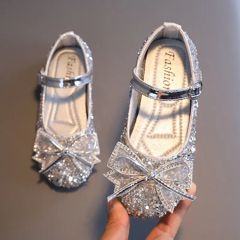 2025 Girls Princess Leather Shoes with Sequins Bowknot Children's Flats Party Wedding Versatile Kids Luxury Shoes Shallow Causal