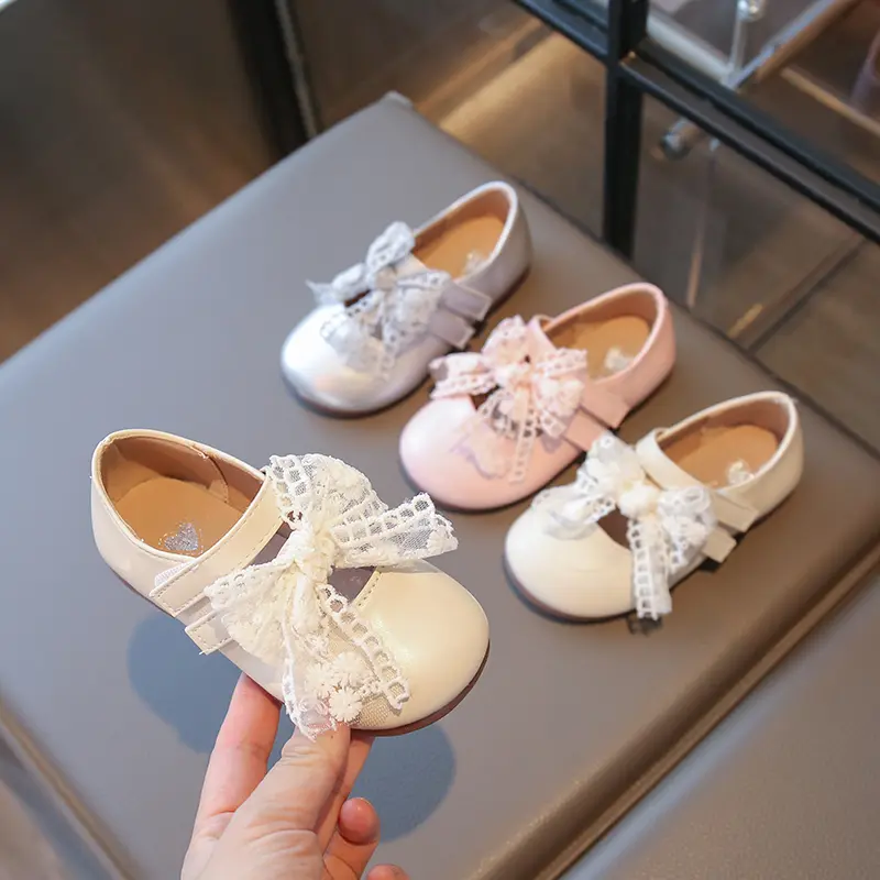 Sweet New Girls Princess Leather Shoes Elegant Lace Bowknot Kids Dresses Casual Shoes for Wedding Party Children's Flats Fashion