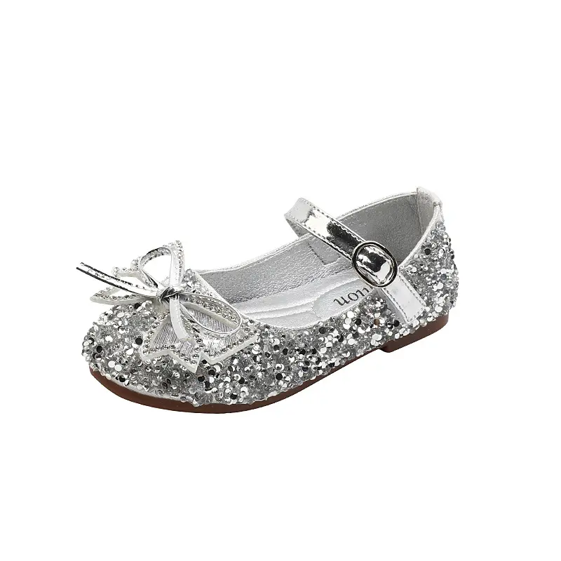 2025 Girls Princess Leather Shoes with Sequins Bowknot Children's Flats Party Wedding Versatile Kids Luxury Shoes Shallow Causal