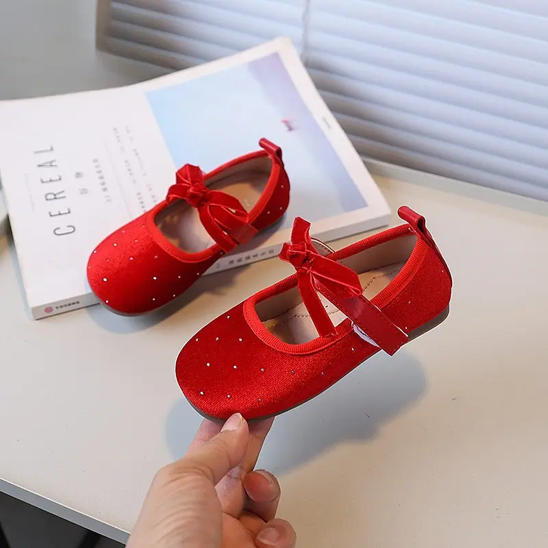 Retro Little Girls Flat Shoes Solid Color Bowknot Children Causal Leather Shoes Soft Bottom Wedding Party Kids Princess Shoes