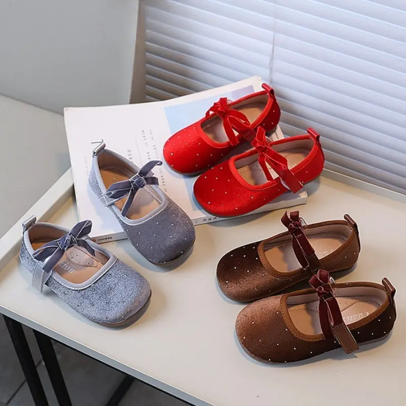 Retro Little Girls Flat Shoes Solid Color Bowknot Children Causal Leather Shoes Soft Bottom Wedding Party Kids Princess Shoes