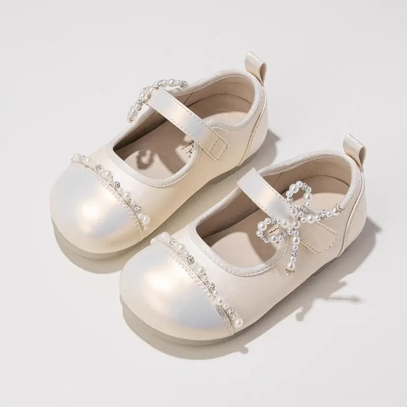 Girls Leather Shoes for Party Wedding Elegant Kids Princess Shoes with Bow-knot Patchwork Fashion Children Shallow Flats Shoes