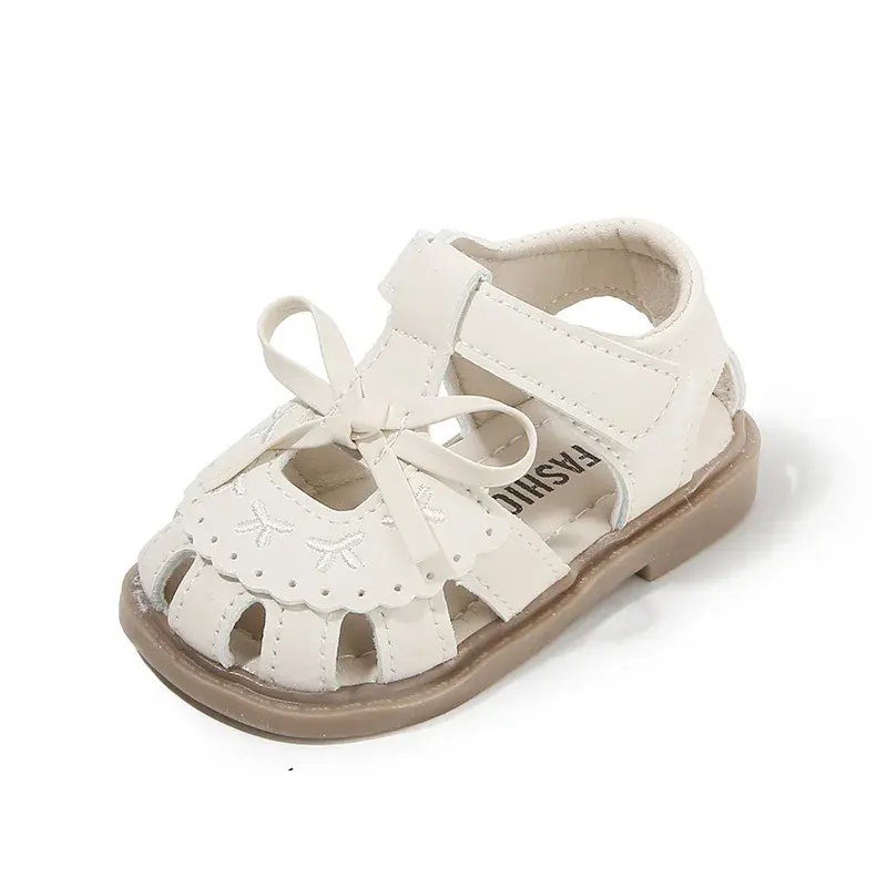 Girls Sandals Simple Bows T-strap Baby Walking Shoes Soft Sole Non-slip 2025 Summer New Toddler Beach Shoes Hollowed-out Trendy
