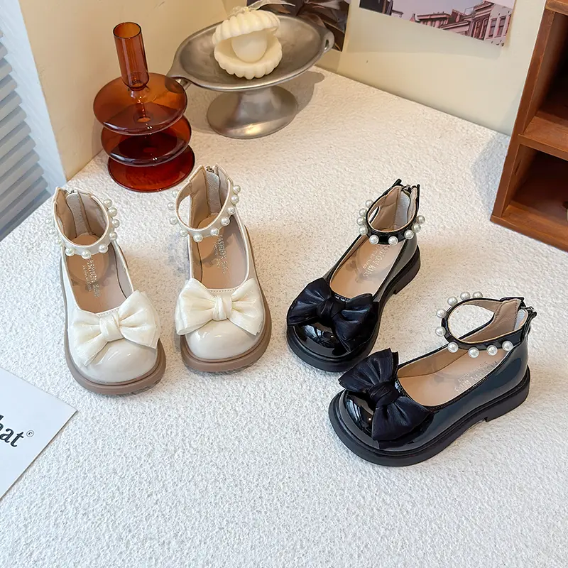 Spring Autumn Elegant Girl Princess Shoes Sweet Bowknot Children Fashion Leather Shoes Beading Sweet Lolita Kids Mary Jane Shoes