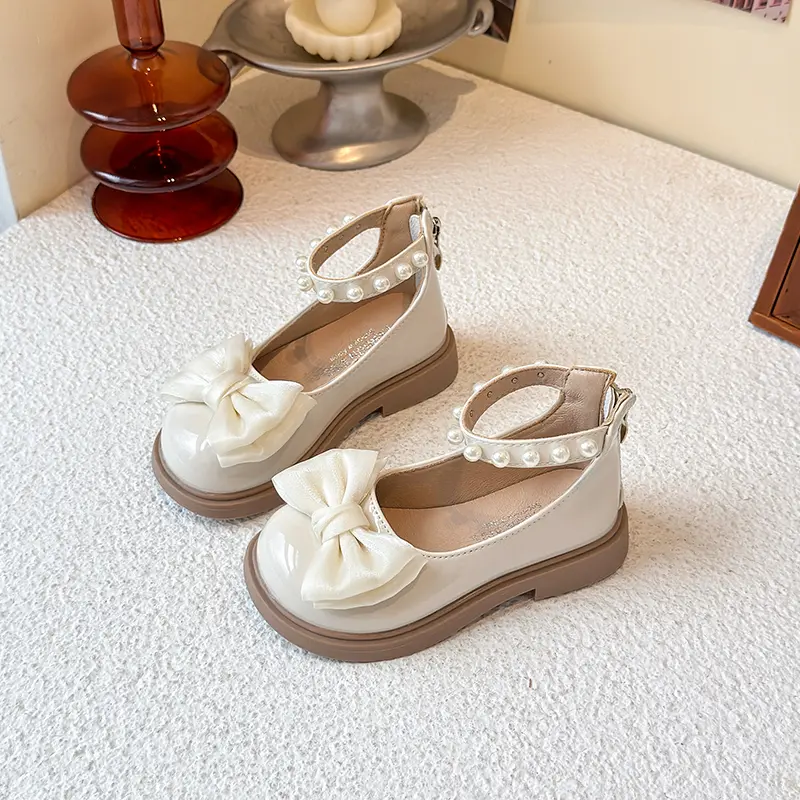 Spring Autumn Elegant Girl Princess Shoes Sweet Bowknot Children Fashion Leather Shoes Beading Sweet Lolita Kids Mary Jane Shoes