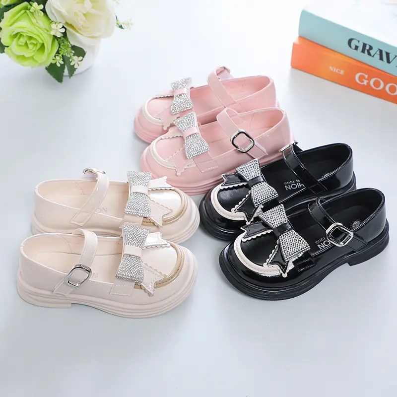 Girls Leather Shoes for Party Wedding Kids Princess Rhinestones Shoes with Bow-knot Fashion Children Mary Janes Shoes 2024 New