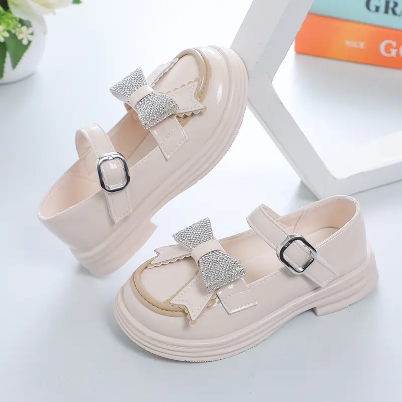 Girls Leather Shoes for Party Wedding Kids Princess Rhinestones Shoes with Bow-knot Fashion Children Mary Janes Shoes 2024 New