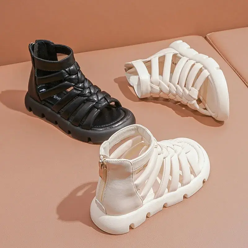 2023 Summer New Korean Style Kids Fashion Sandals Children's Fashion Weave Back Zipper Girls Roman Shoes Classic Open-toe Casual