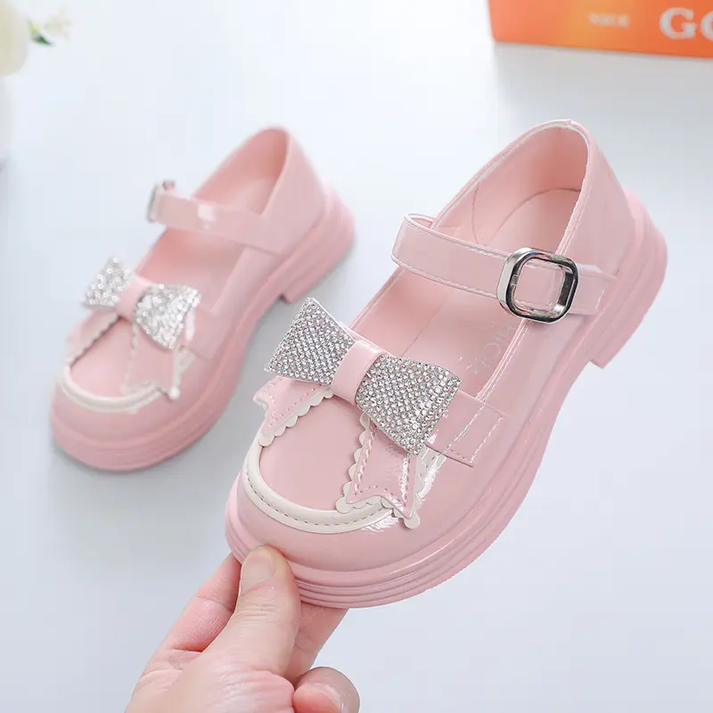 Girls Leather Shoes for Party Wedding Kids Princess Rhinestones Shoes with Bow-knot Fashion Children Mary Janes Shoes 2024 New