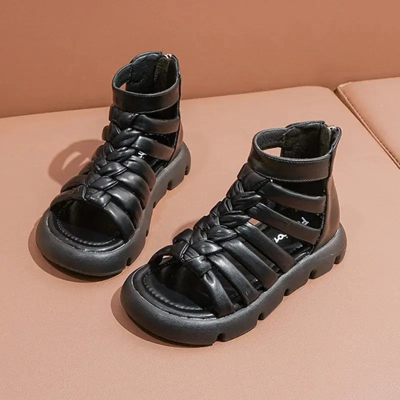 2023 Summer New Korean Style Kids Fashion Sandals Children's Fashion Weave Back Zipper Girls Roman Shoes Classic Open-toe Casual