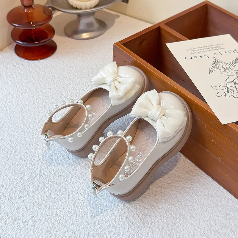Spring Autumn Elegant Girl Princess Shoes Sweet Bowknot Children Fashion Leather Shoes Beading Sweet Lolita Kids Mary Jane Shoes