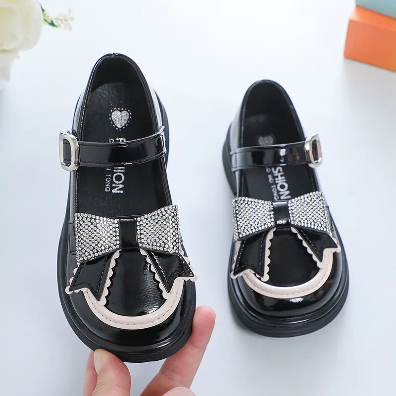 Girls Leather Shoes for Party Wedding Kids Princess Rhinestones Shoes with Bow-knot Fashion Children Mary Janes Shoes 2024 New