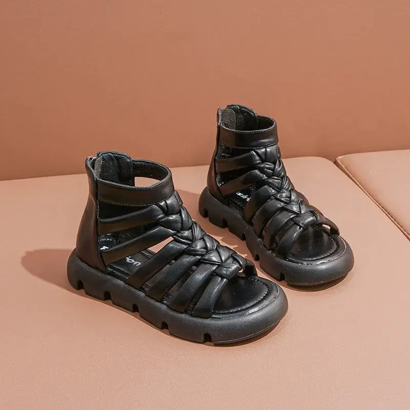 2023 Summer New Korean Style Kids Fashion Sandals Children's Fashion Weave Back Zipper Girls Roman Shoes Classic Open-toe Casual