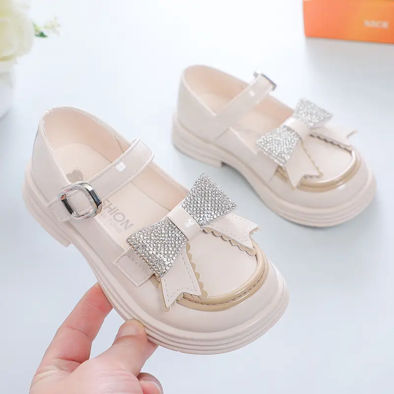 Girls Leather Shoes for Party Wedding Kids Princess Rhinestones Shoes with Bow-knot Fashion Children Mary Janes Shoes 2024 New
