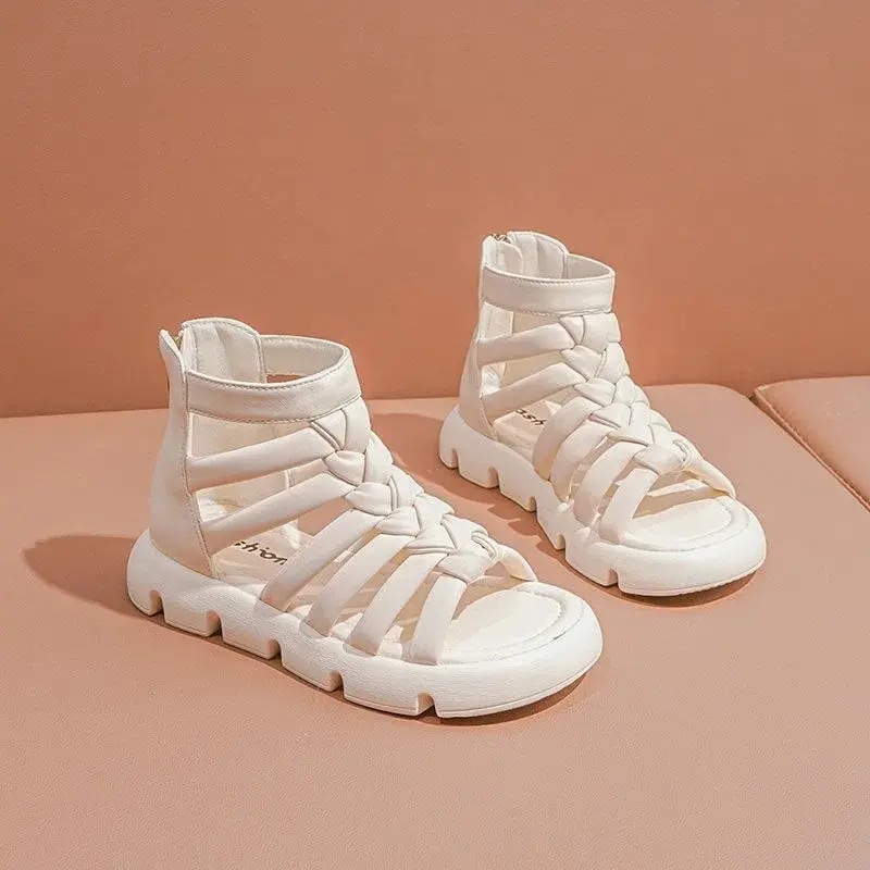 2023 Summer New Korean Style Kids Fashion Sandals Children's Fashion Weave Back Zipper Girls Roman Shoes Classic Open-toe Casual