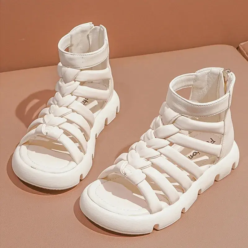 2023 Summer New Korean Style Kids Fashion Sandals Children's Fashion Weave Back Zipper Girls Roman Shoes Classic Open-toe Casual