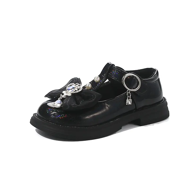 Girls Princess Shoes T-strap Glossy Elegant for Kids Leather Shoes with Pendant 2025 Autumn New Children Flat Shoes Round Toes