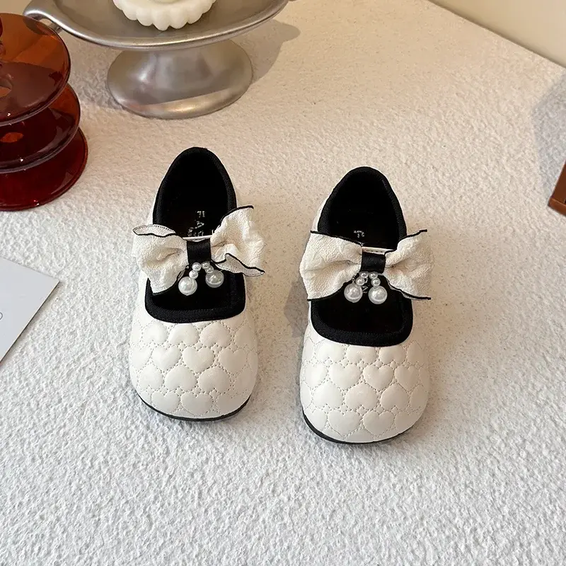 Girls Mary Janes Round Toes Big Bows 2025 New Kids Leather Shoes Non-slip Soft Sole Girls Flat Shoes Ins Trendy Love Heart Sweet