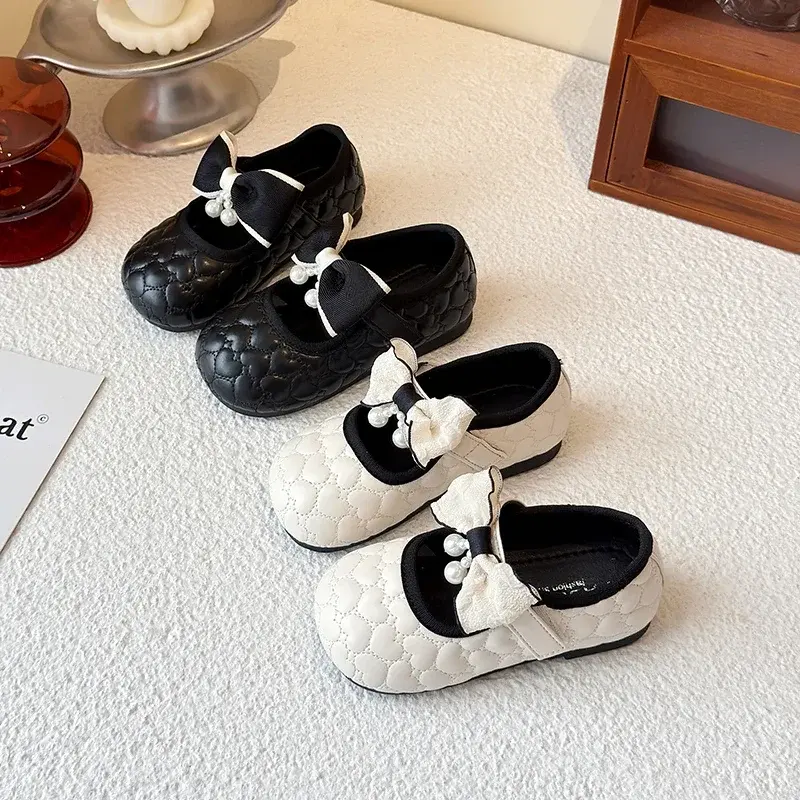 Girls Mary Janes Round Toes Big Bows 2025 New Kids Leather Shoes Non-slip Soft Sole Girls Flat Shoes Ins Trendy Love Heart Sweet