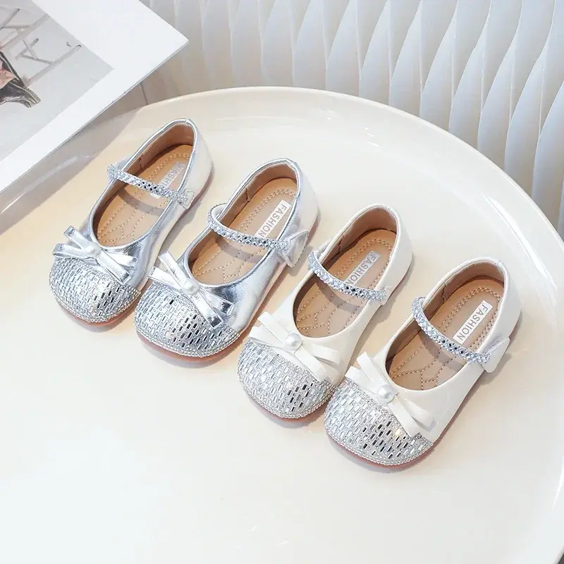 Girls Flat Shoes Round Toes Sweet Bows 2025 New Fashion Kids Princess Shoes Pu Leather Children Dance Shoes Wedding Ins Trendy