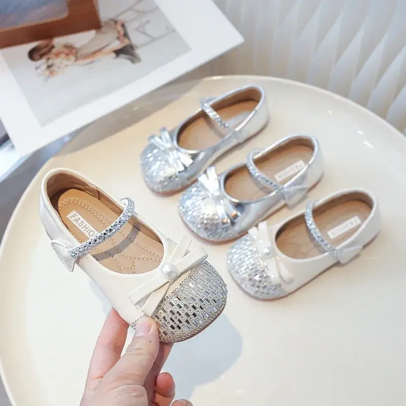 Girls Flat Shoes Round Toes Sweet Bows 2025 New Fashion Kids Princess Shoes Pu Leather Children Dance Shoes Wedding Ins Trendy