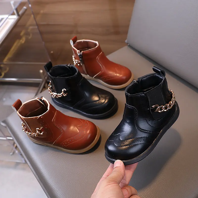 Children's Boots for Girls Classic Chain Kids Causal Leather Short Boots Fashion Solid Color Toddlers Ankle Boots Simple Style