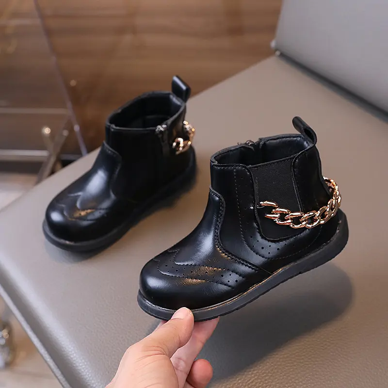 Children's Boots for Girls Classic Chain Kids Causal Leather Short Boots Fashion Solid Color Toddlers Ankle Boots Simple Style