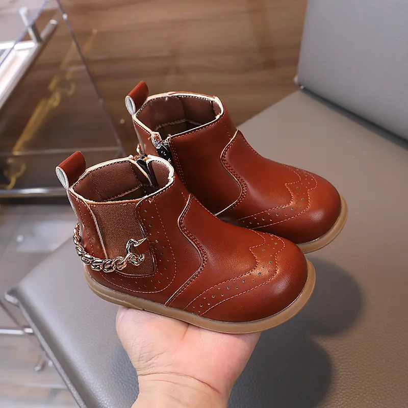 Children's Boots for Girls Classic Chain Kids Causal Leather Short Boots Fashion Solid Color Toddlers Ankle Boots Simple Style