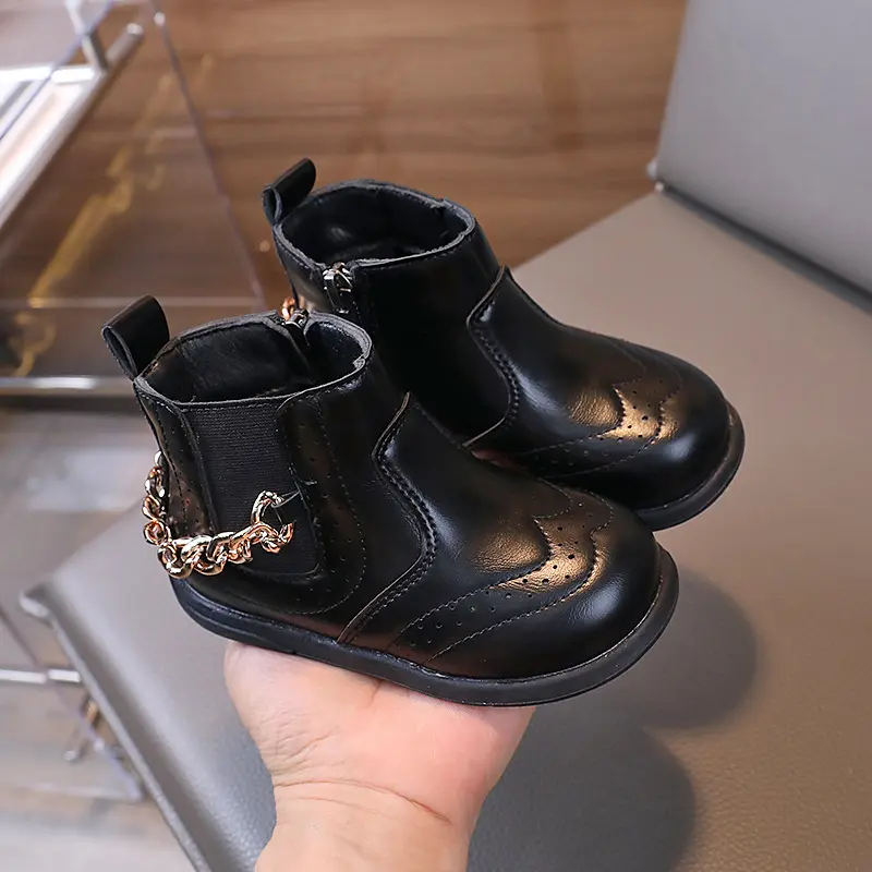 Children's Boots for Girls Classic Chain Kids Causal Leather Short Boots Fashion Solid Color Toddlers Ankle Boots Simple Style