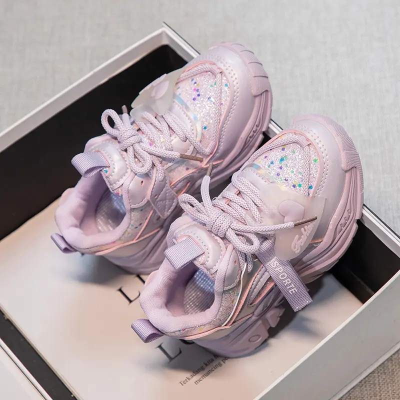 Girls Sports Shoes with Heart Classic Fashion Kids Princess Sneakers Non-slip Children Casual Running Shoes Glitter Fabric 2024