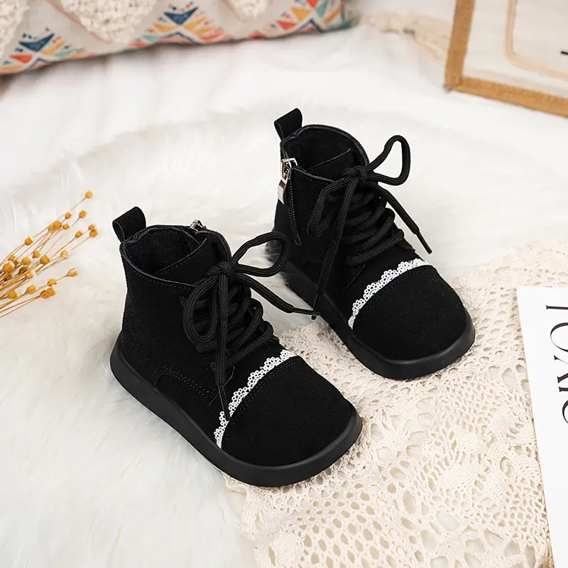 Girls Leather Boots Sweet Lace Side Zip Kids Short Boots Round Toes 2025 Autumn New Children Ankle Boots Soft Bottom Size 22-30