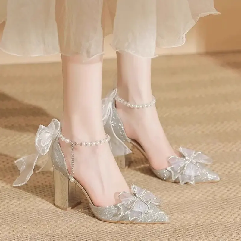Luxury Women's Sandals Chic Beading Ankle-strap Ladies Wedding High-heels Sandals Elegant Bowknot Versatile Women's Summer Shoes