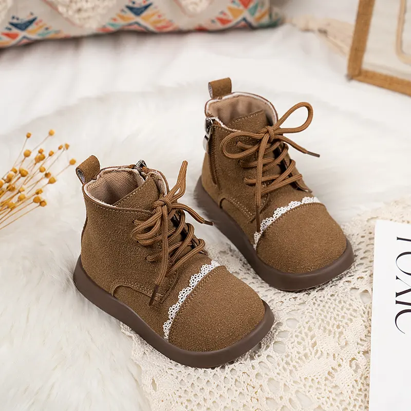 Girls Leather Boots Sweet Lace Side Zip Kids Short Boots Round Toes 2025 Autumn New Children Ankle Boots Soft Bottom Size 22-30