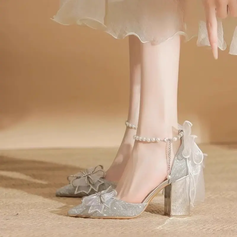 Luxury Women's Sandals Chic Beading Ankle-strap Ladies Wedding High-heels Sandals Elegant Bowknot Versatile Women's Summer Shoes