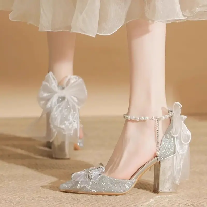 Luxury Women's Sandals Chic Beading Ankle-strap Ladies Wedding High-heels Sandals Elegant Bowknot Versatile Women's Summer Shoes