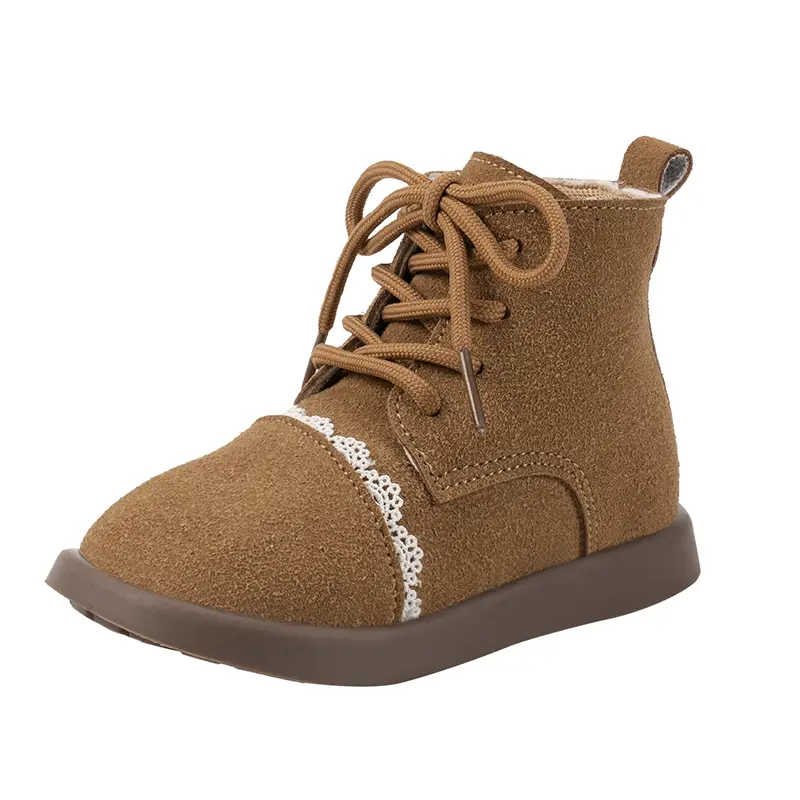Girls Leather Boots Sweet Lace Side Zip Kids Short Boots Round Toes 2025 Autumn New Children Ankle Boots Soft Bottom Size 22-30