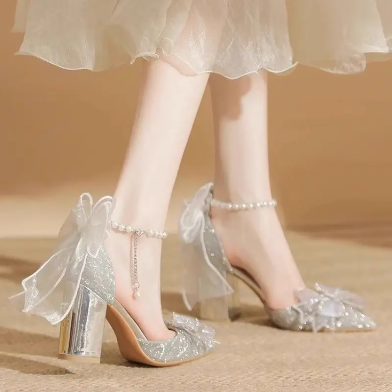 Luxury Women's Sandals Chic Beading Ankle-strap Ladies Wedding High-heels Sandals Elegant Bowknot Versatile Women's Summer Shoes
