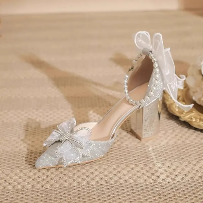 Luxury Women's Sandals Chic Beading Ankle-strap Ladies Wedding High-heels Sandals Elegant Bowknot Versatile Women's Summer Shoes