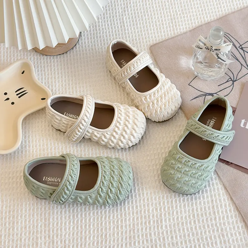 New Children's Shoe for Girl Fashion Green Beige Versatile Kids Princess Leather Shoes Trend Pleated Toddlers Causal Flat Shoes