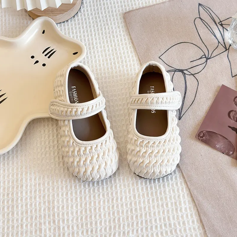 New Children's Shoe for Girl Fashion Green Beige Versatile Kids Princess Leather Shoes Trend Pleated Toddlers Causal Flat Shoes