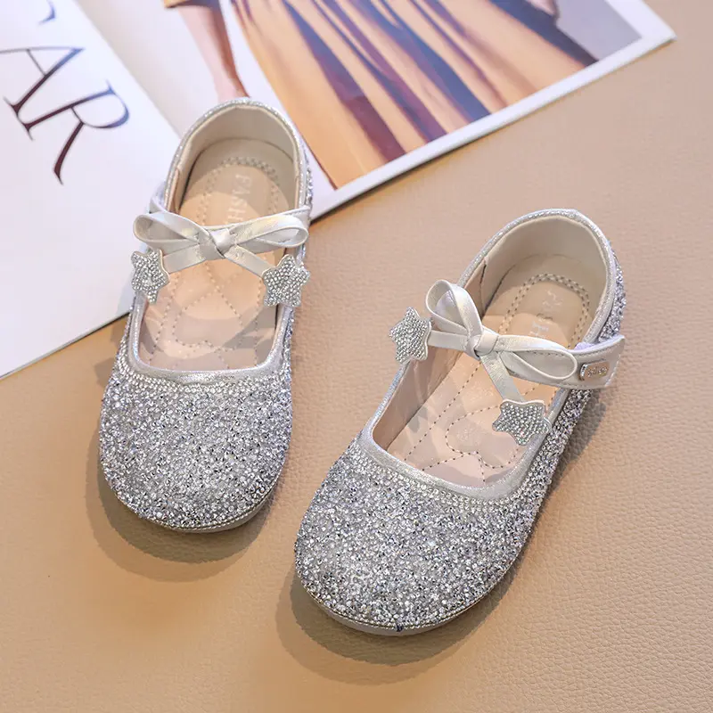 Girls New Princess Shoes Luxury Sequins Children‘s Spring Autumn Leather Shoes Elegant Chic Bowknot Versatile Kids Flat Shoes