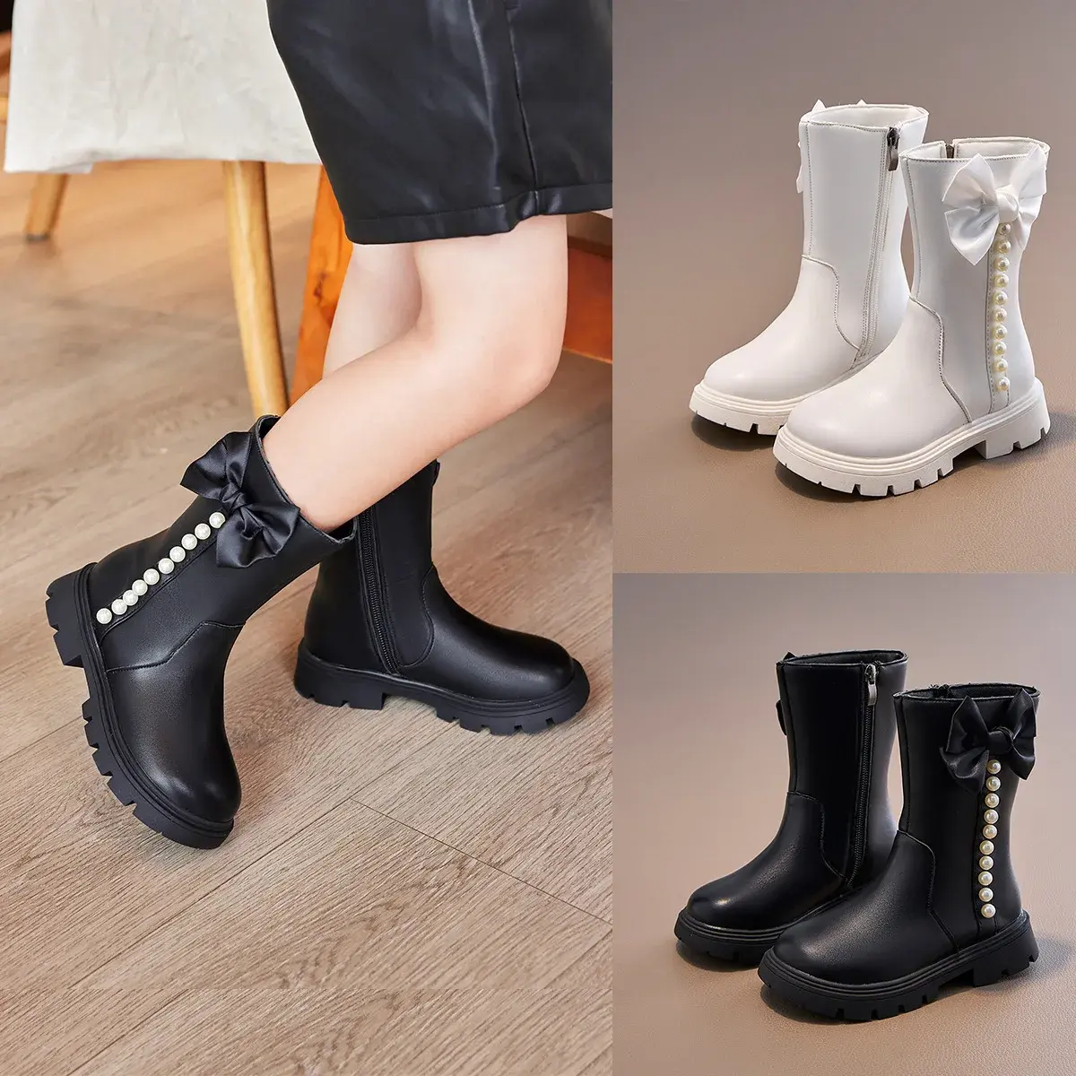 2024 Autumn Winter Children Short Boots for Girls Fashion Sweet Bowtie Elegant Beading Anti-slippery Trendy Versatile Shoes