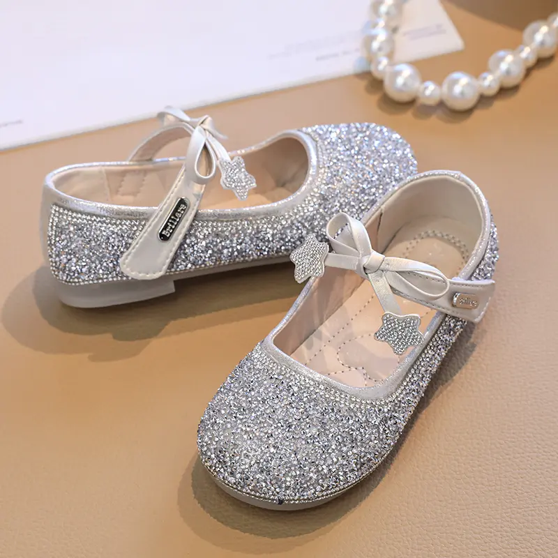 Girls New Princess Shoes Luxury Sequins Children‘s Spring Autumn Leather Shoes Elegant Chic Bowknot Versatile Kids Flat Shoes